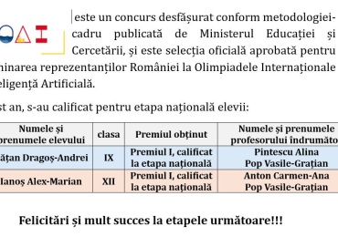 Doi șincaiști calificați la ROAI – Romanian Olympiad in Artificial Intelligence