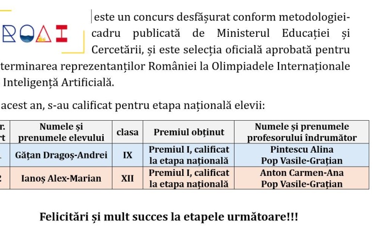 Doi șincaiști calificați la ROAI – Romanian Olympiad in Artificial Intelligence